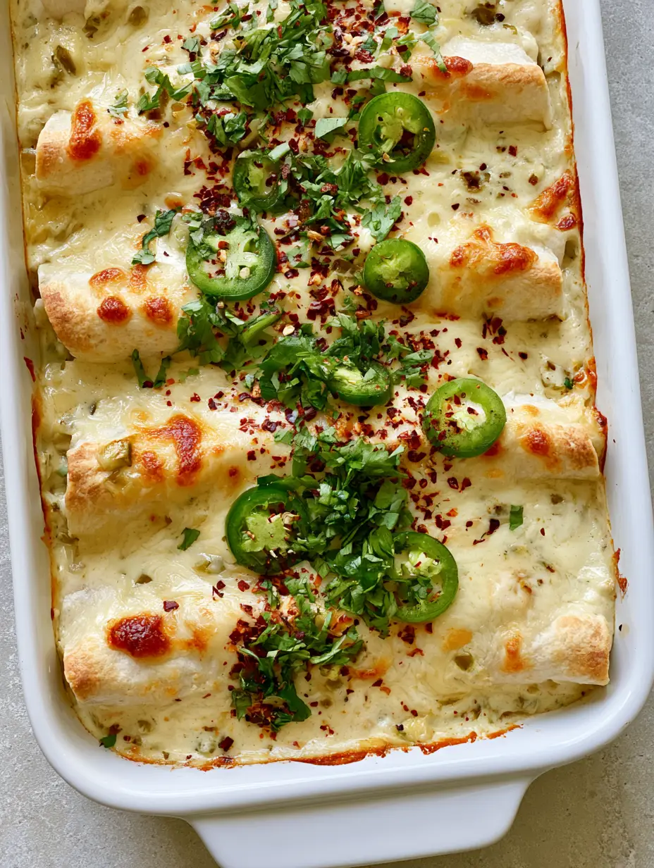 Top-down view of six High Protein Chicken Enchiladas in a white dish with golden cheese and fresh garnishes.