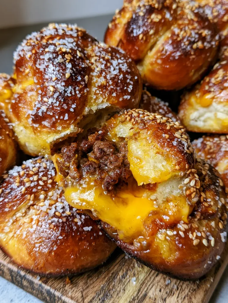 Handheld photo of a cheeseburger pretzel bomb showing the chewy texture and melted cheese interior.