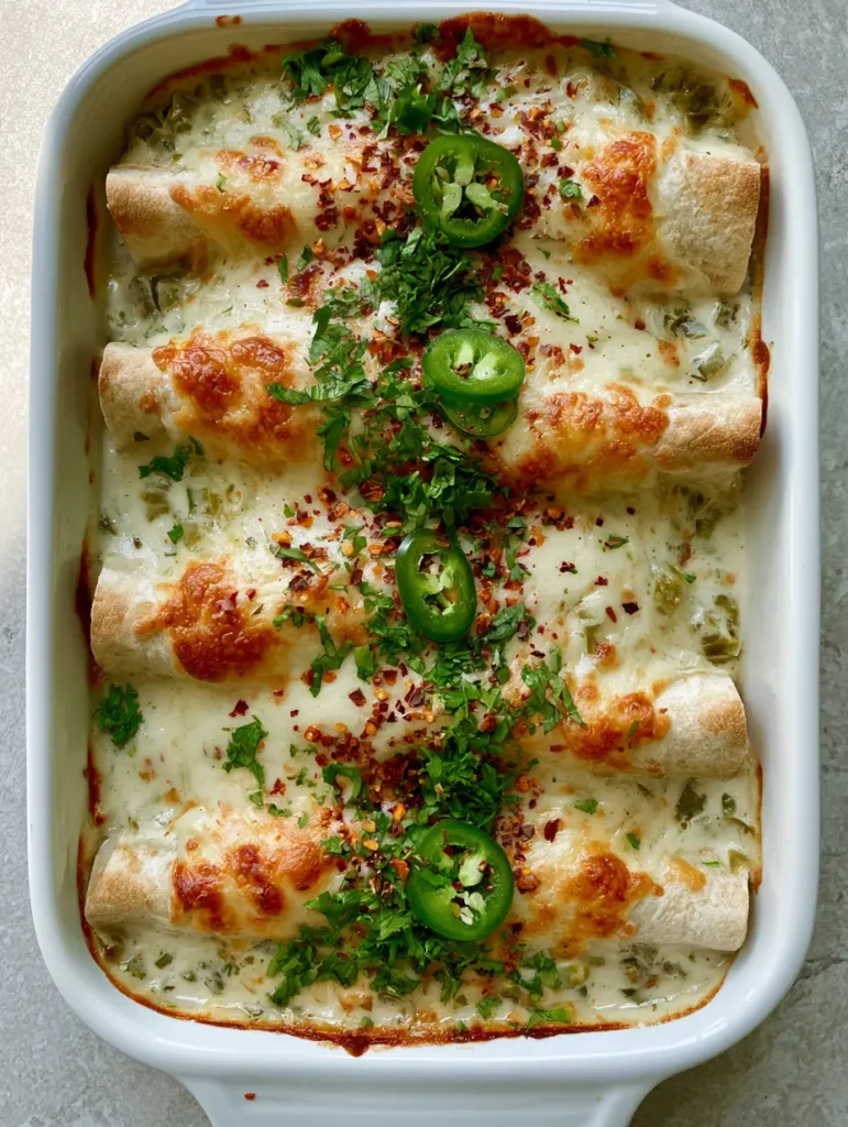 Close up of High Protein Chicken Enchiladas showing the texture of bubbly cheese and green chile sauce.