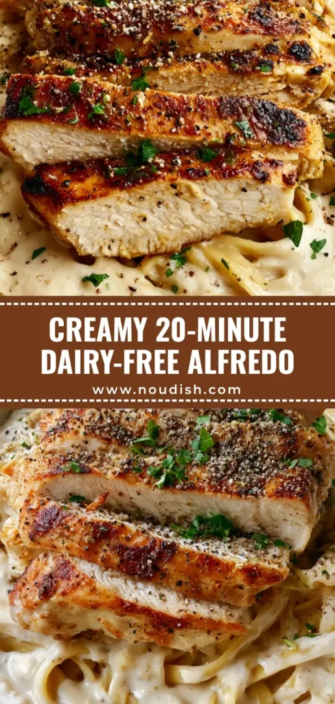 Dairy-Free Chicken Alfredo with Pan-Seared Chicken 3 A shallow white ceramic bowl containing Dairy-Free Chicken Alfredo with thick ivory sauce, sliced pan-seared chicken, and fresh parsley.