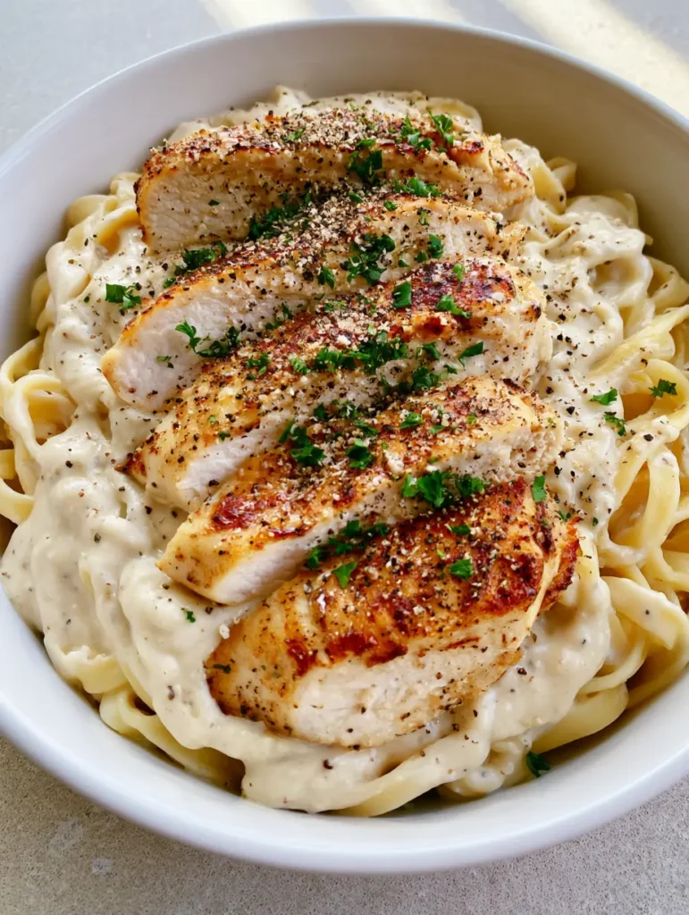 Dairy-Free Chicken Alfredo with Pan-Seared Chicken 2 Close-up of golden-brown seared chicken breast slices on top of Dairy-Free Chicken Alfredo pasta.