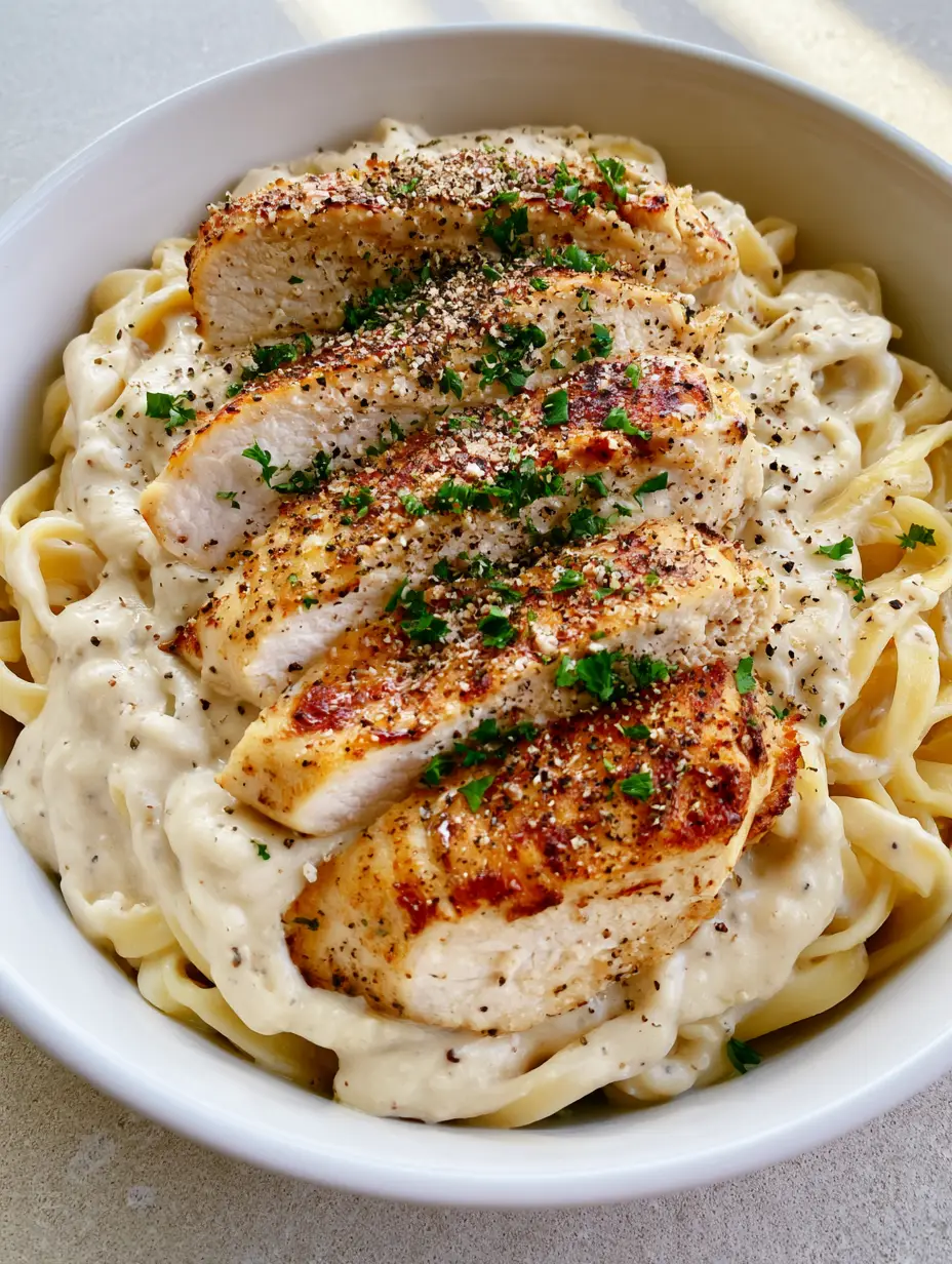 Dairy-Free Chicken Alfredo with Pan-Seared Chicken 4 Close-up of golden-brown seared chicken breast slices on top of Dairy-Free Chicken Alfredo pasta.