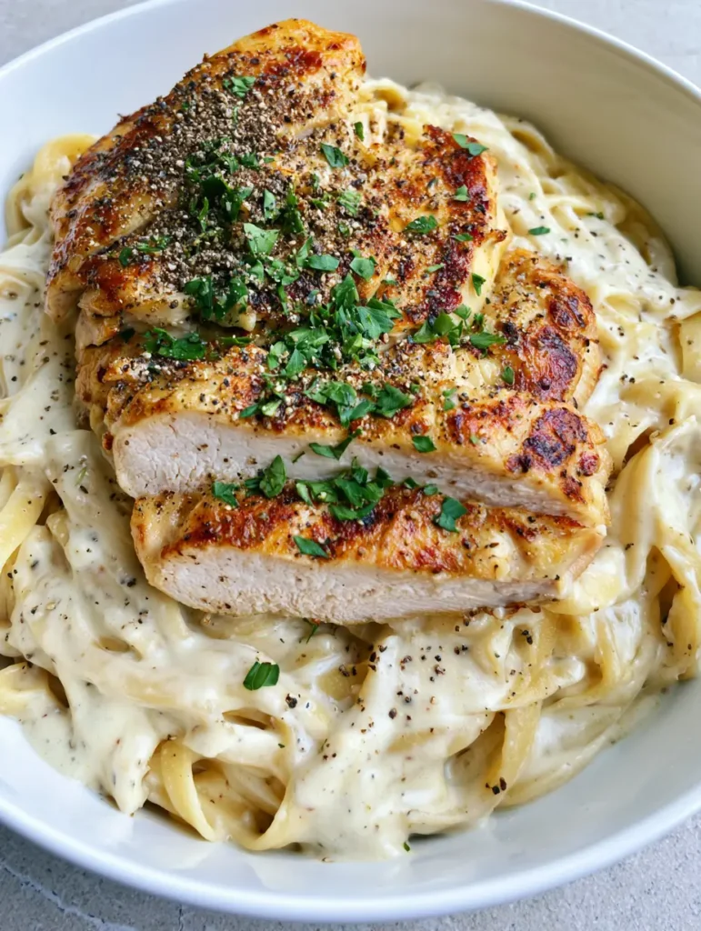Dairy-Free Chicken Alfredo with Pan-Seared Chicken 1 Overhead view of Dairy-Free Chicken Alfredo garnished with coarse black pepper and minced fresh parsley in a white bowl.