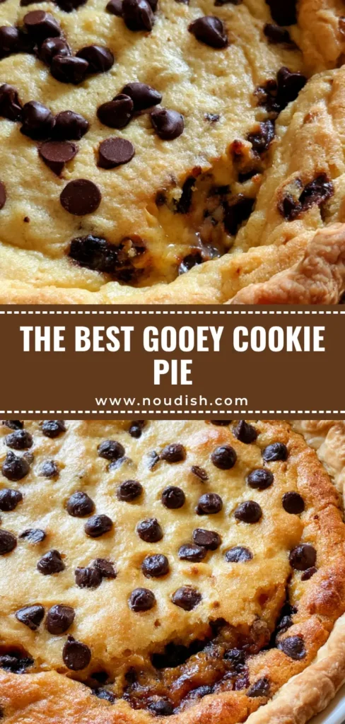 A handheld smartphone photo of a deep-dish Chocolate Chip Cookie Pie in a white ceramic dish with a molten center and flaky golden-brown crust.