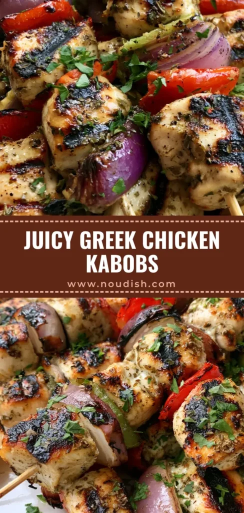 Greek Marinated Chicken Kabobs: The Ultimate Mediterranean Grill Guide 4 Several wooden skewers of Greek Marinated Chicken Kabobs with char marks, red onions, and peppers on a white platter.