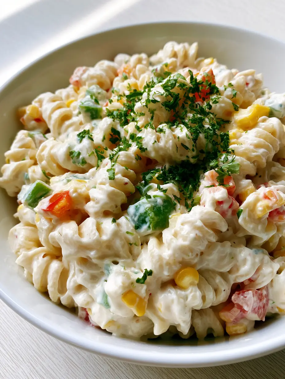 Sour Cream Pasta Salad: The Creamiest Rotini Side Dish for Every Occasion 3 Close-up of Sour Cream Pasta Salad featuring rotini pasta, sweet corn, and diced bell peppers in a velvety sour cream dressing.