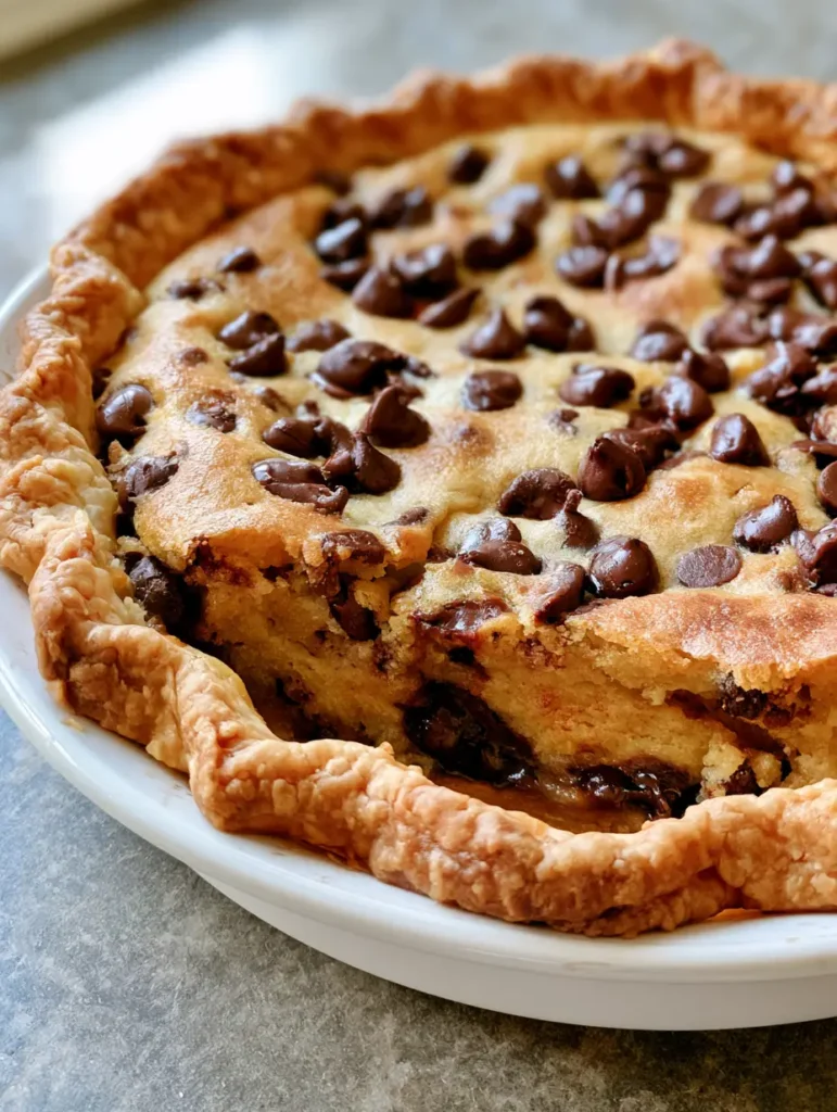 Whole Chocolate Chip Cookie Pie on a grey stone countertop, showcasing the golden crimped pastry crust and melted dark chocolate chips.