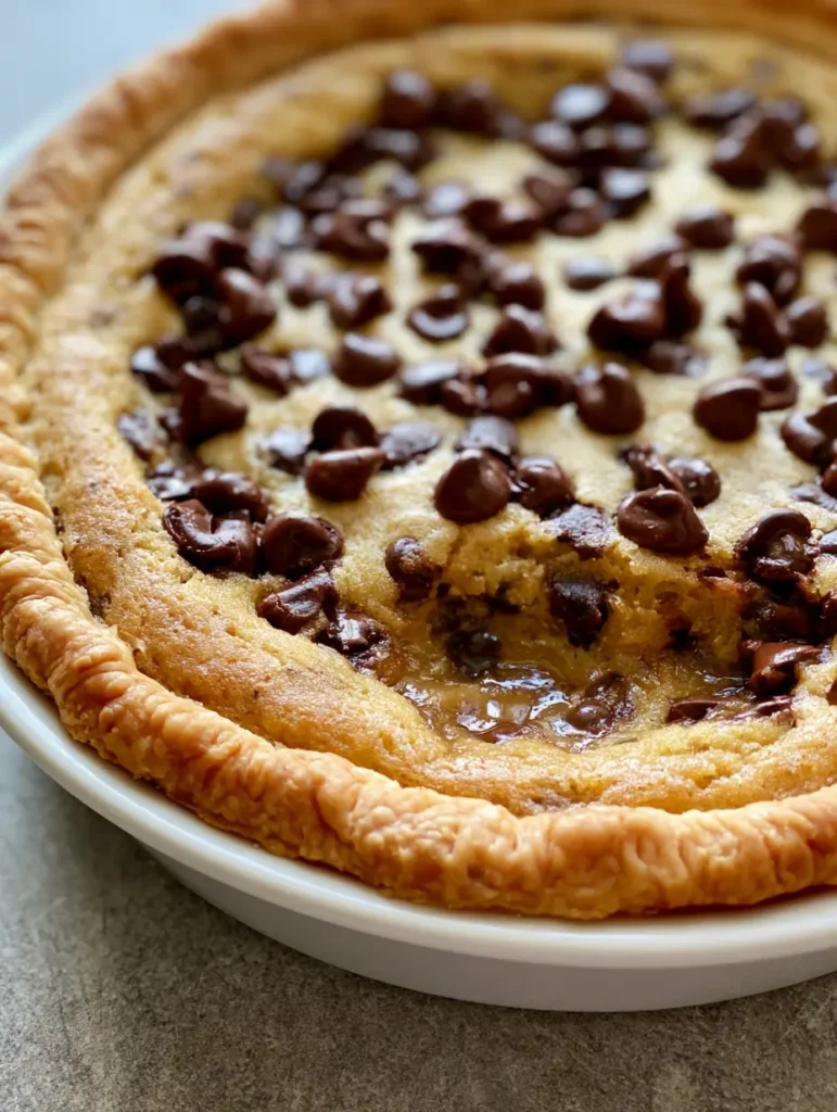 Close-up of a soft-baked Chocolate Chip Cookie Pie showing the gooey molten center and buttery flaky crust edges.