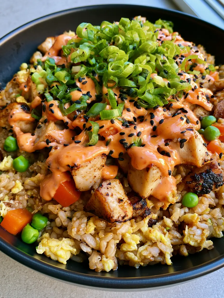 Close up handheld photo of golden-brown Bang Bang Fried Rice with charred chicken chunks and vibrant orange sauce drizzle in a black ceramic bowl.