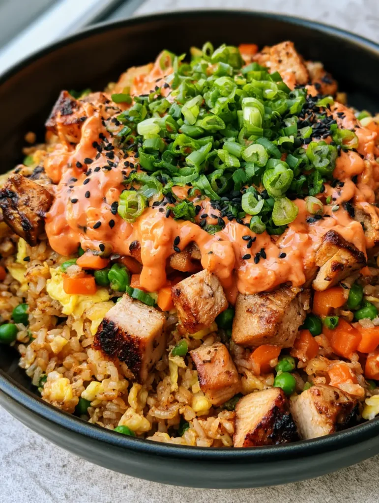 Wide shot of Bang Bang Fried Rice on a grey stone background with natural window lighting, showing the messy zigzag sauce pattern and fresh scallion garnish.