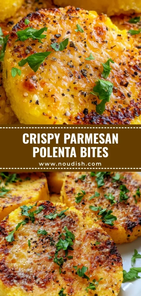 Close-up of Crispy Parmesan Polenta Rounds on a white ceramic plate with charred edges and fresh parsley garnish.