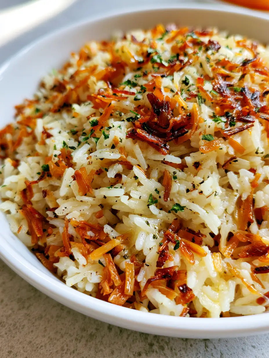 Overhead view of glistening Homemade Rice-A-Roni grains with cracked black pepper and dried parsley. (Homemade Rice-A-Roni)