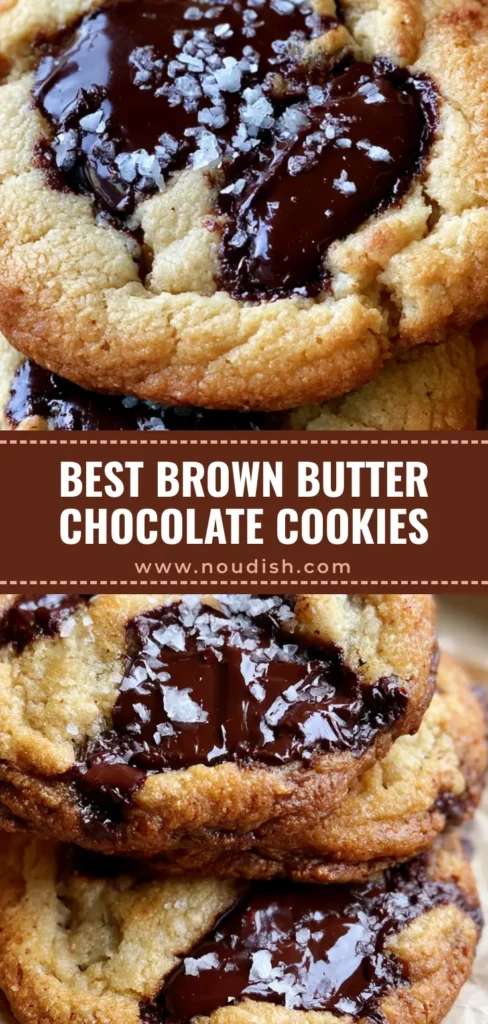 Brown Butter Chocolate Chip Cookies with Rippled Edges 4 A stack of three Brown Butter Chocolate Chip Cookies with rippled edges and glossy chocolate pools on parchment paper.