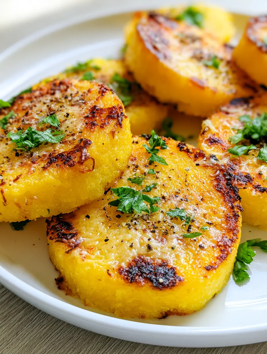 Top view of thick-cut baked Crispy Parmesan Polenta Rounds showing a dusting of melted cheese and cracked black pepper.