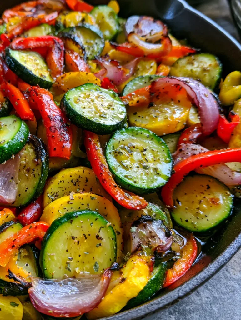 Sautéed Vegetables Recipe: The Ultimate Cast Iron Medley 1 A colorful medley of sautéed vegetables featuring charred red peppers and translucent red onion wedges.