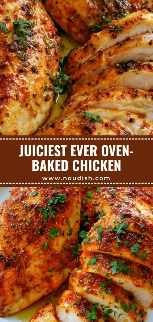 A close-up of the Juiciest Oven-Baked Chicken Breast sliced into medallions on a white platter, showing moist meat and a golden herb crust.