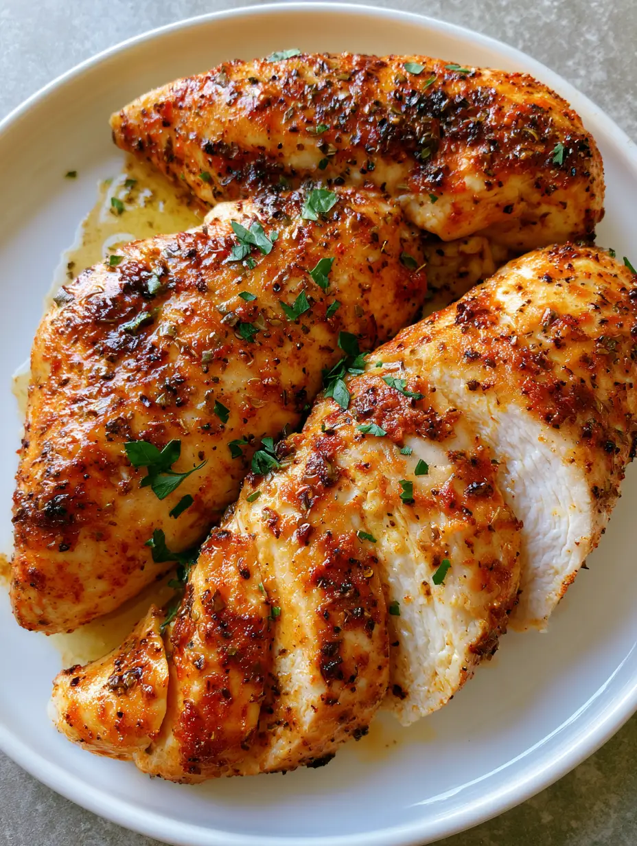 Top-down view of three Juiciest Oven-Baked Chicken Breasts seasoned with oregano and smoked paprika on a white ceramic plate.