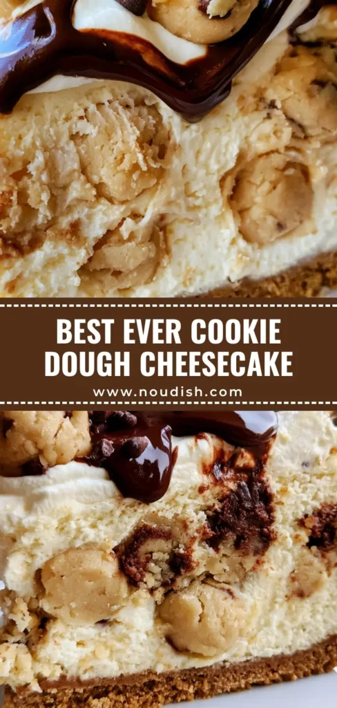 A thick, decadent slice of Cookie Dough Cheesecake with a chocolate ganache drizzle and whipped cream on a white plate.