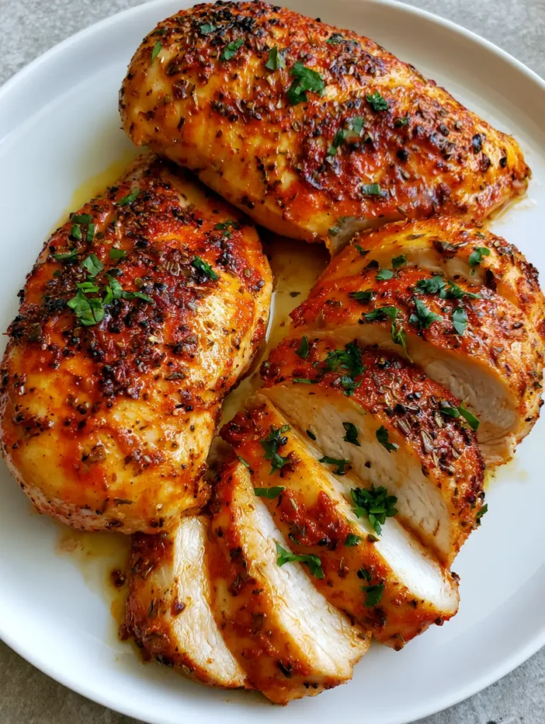 Slicing the Juiciest Oven-Baked Chicken Breast into thick medallions to reveal the succulent white interior.
