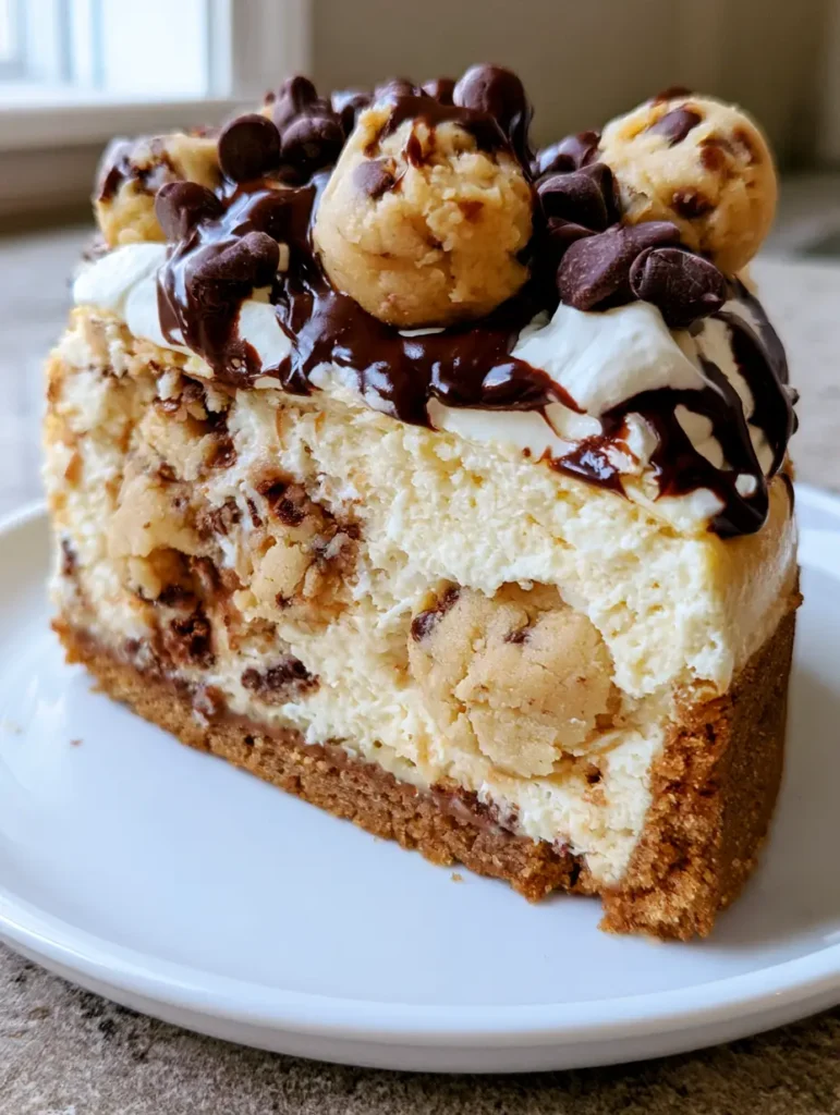 Close-up of ivory cheesecake filling packed with large tan chocolate chip cookie dough chunks. (Cookie Dough Cheesecake)