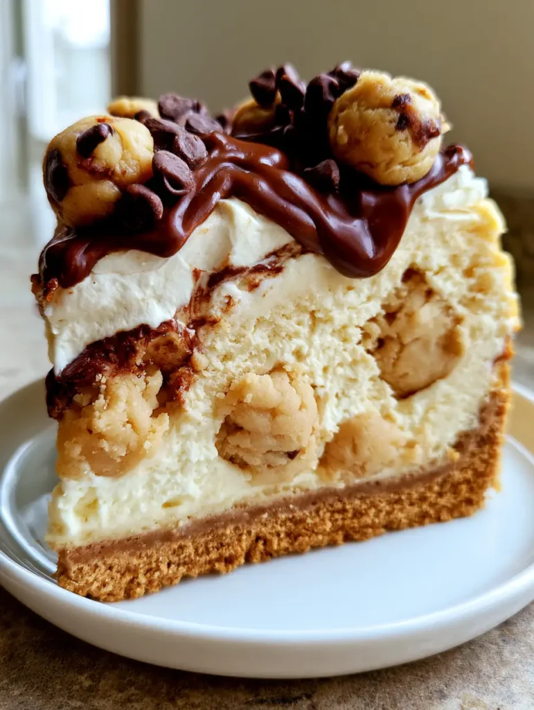 A slice of Cookie Dough Cheesecake showing the graham cracker crust and whipped cream topping.