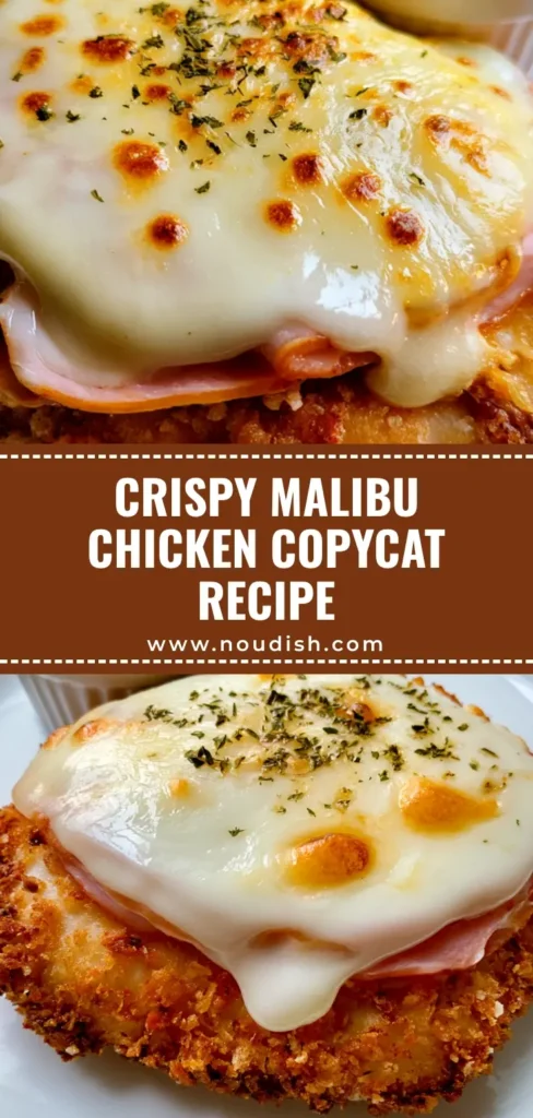 Crispy Malibu Chicken: The Ultimate Sizzler-Style Copycat Recipe 3 A single serving of Crispy Malibu Chicken on a white plate with melted Swiss cheese, folded ham, and a side of honey mustard sauce.