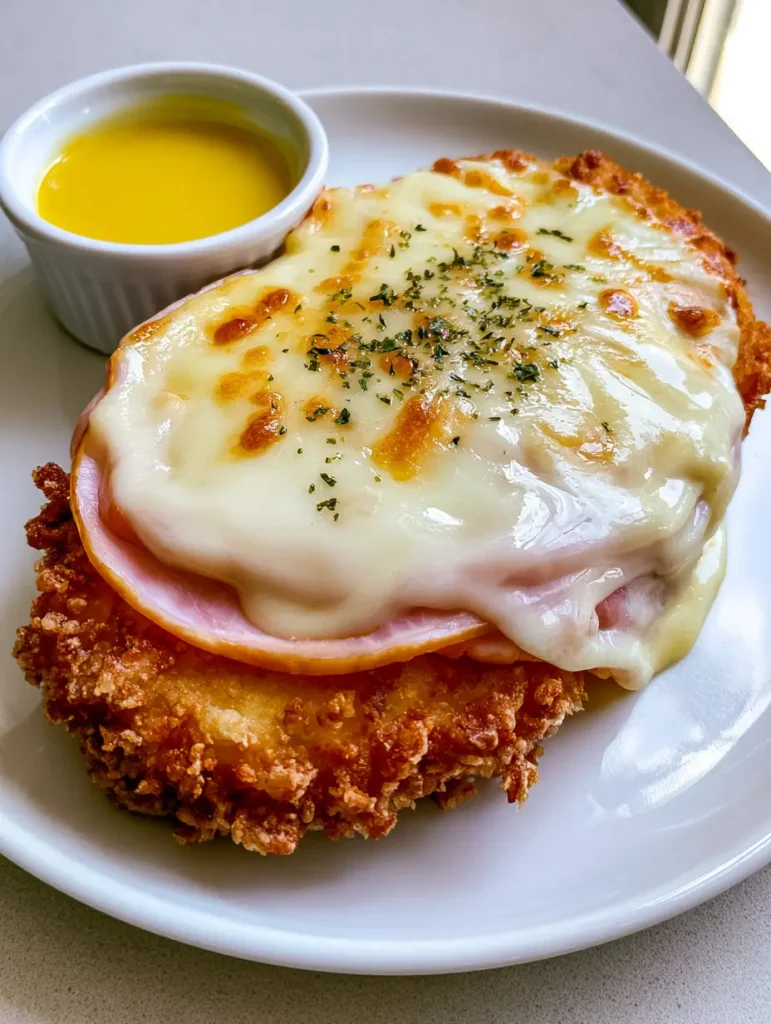 Crispy Malibu Chicken: The Ultimate Sizzler-Style Copycat Recipe 1 Crispy Malibu Chicken served on a white ceramic plate with a ramekin of vibrant yellow honey mustard sauce.