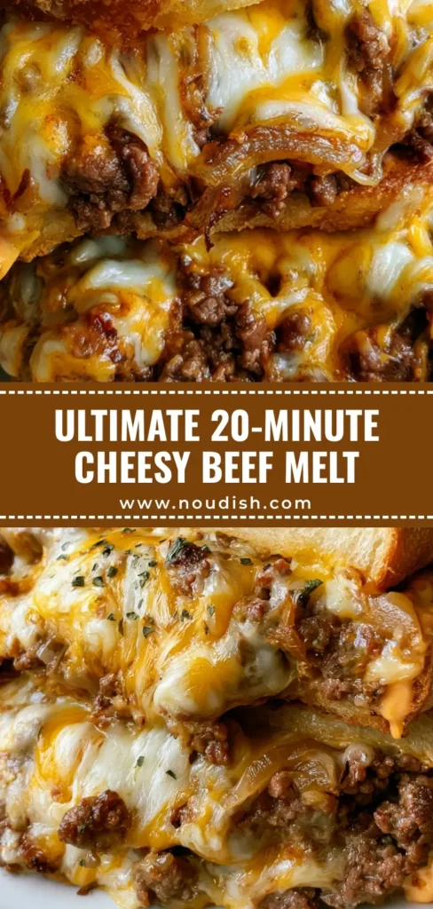A stacked Ground Beef Melt on sourdough bread with dripping orange sauce and melted cheese. (Ground Beef Melt)