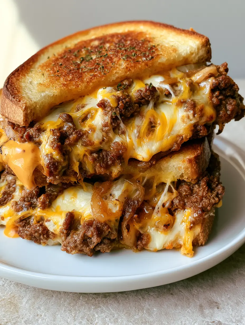 Close-up of golden-brown toasted sourdough bread filled with browned ground beef crumbles and stringy cheese. (Ground Beef Melt)