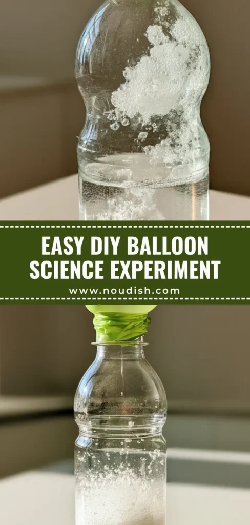 A handheld smartphone photo of the Baking Soda Balloon Experiment with a green balloon inflating over a clear plastic bottle filled with white fizzy bubbles.