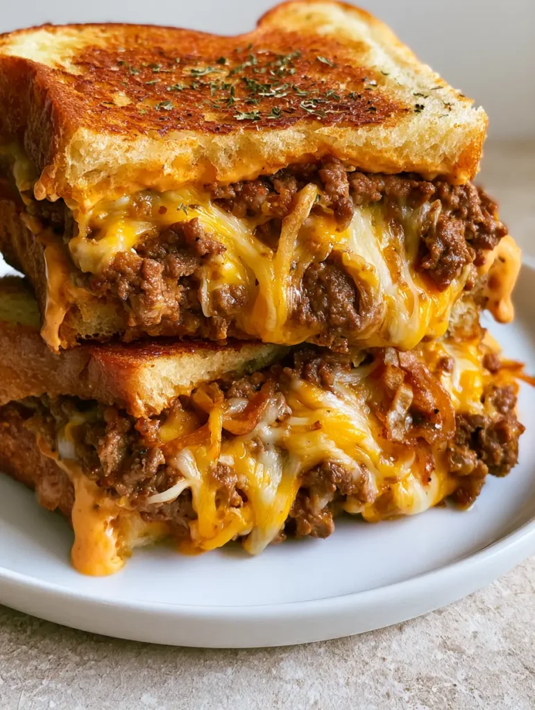 Two halves of a Ground Beef Melt stacked, showing layers of yellow cheddar and white Monterey Jack cheese. (Ground Beef Melt)