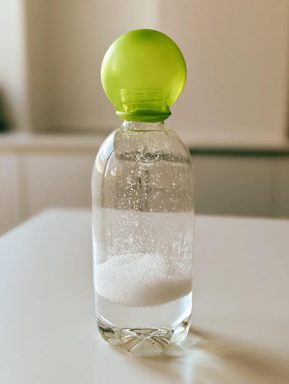 Close up of a clear plastic bottle showing the white fizzy bubbles reaction during a Baking Soda Balloon Experiment.