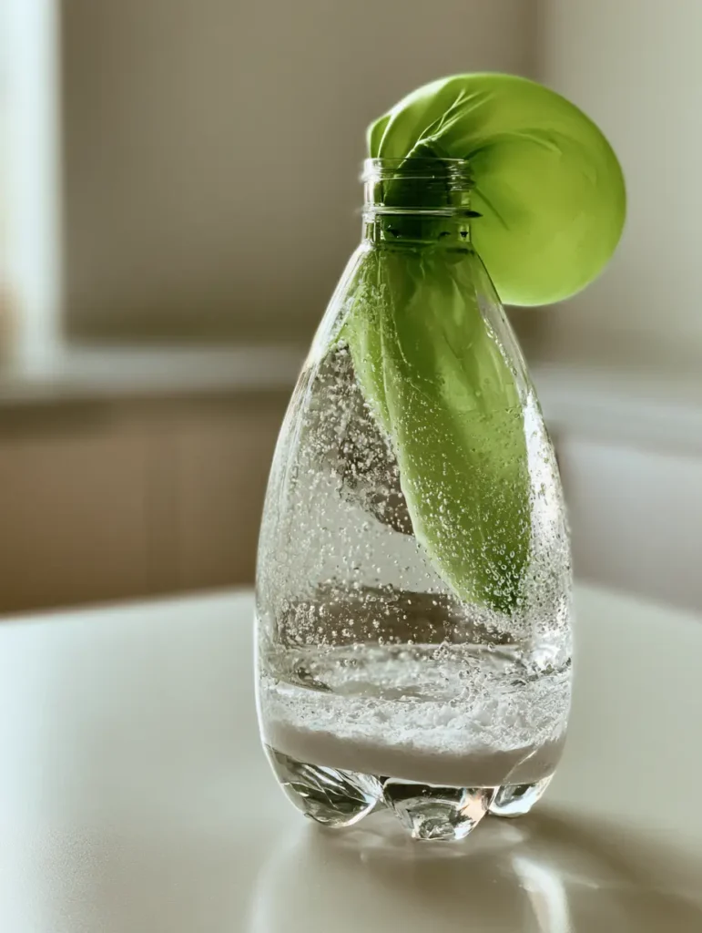 The final stage of the Baking Soda Balloon Experiment with a fully inflated green balloon on a minimalist white tabletop.