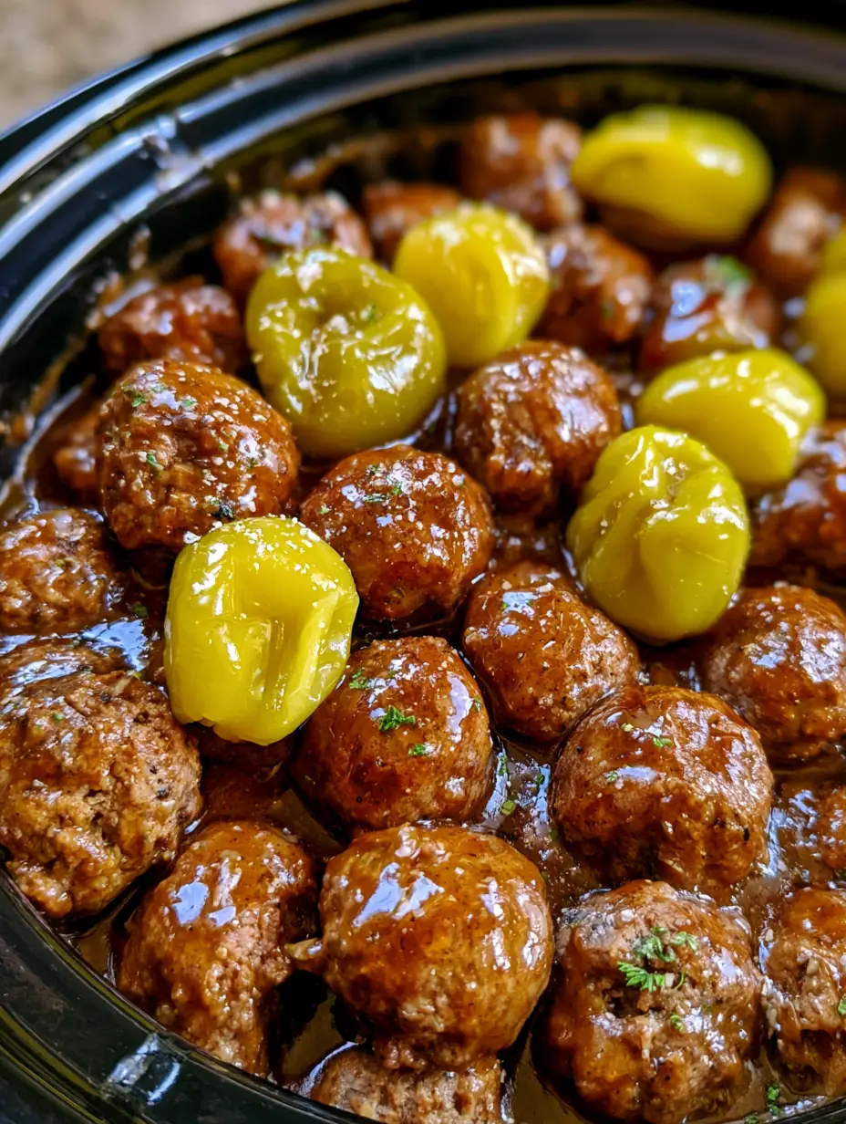 Dozens of browned beef meatballs submerged in a thick, glossy, dark-amber au jus gravy inside a black slow cooker. (Crockpot Mississippi Meatballs)