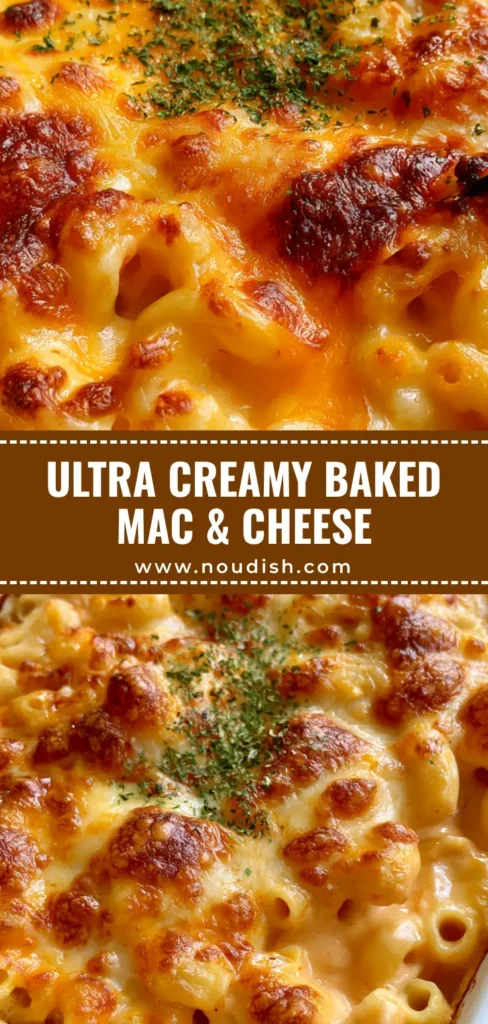 A close-up of Baked Macaroni and Cheese in a white dish showing a bubbly browned cheese crust and toasted Monterey Jack spots.