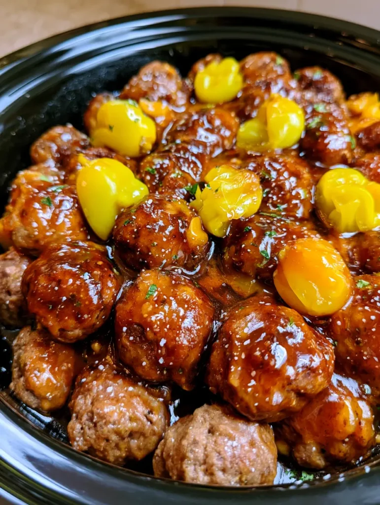 Top down view of Mississippi meatballs with neon yellow-green pickled pepperoncini peppers and dried parsley flakes. (Crockpot Mississippi Meatballs)