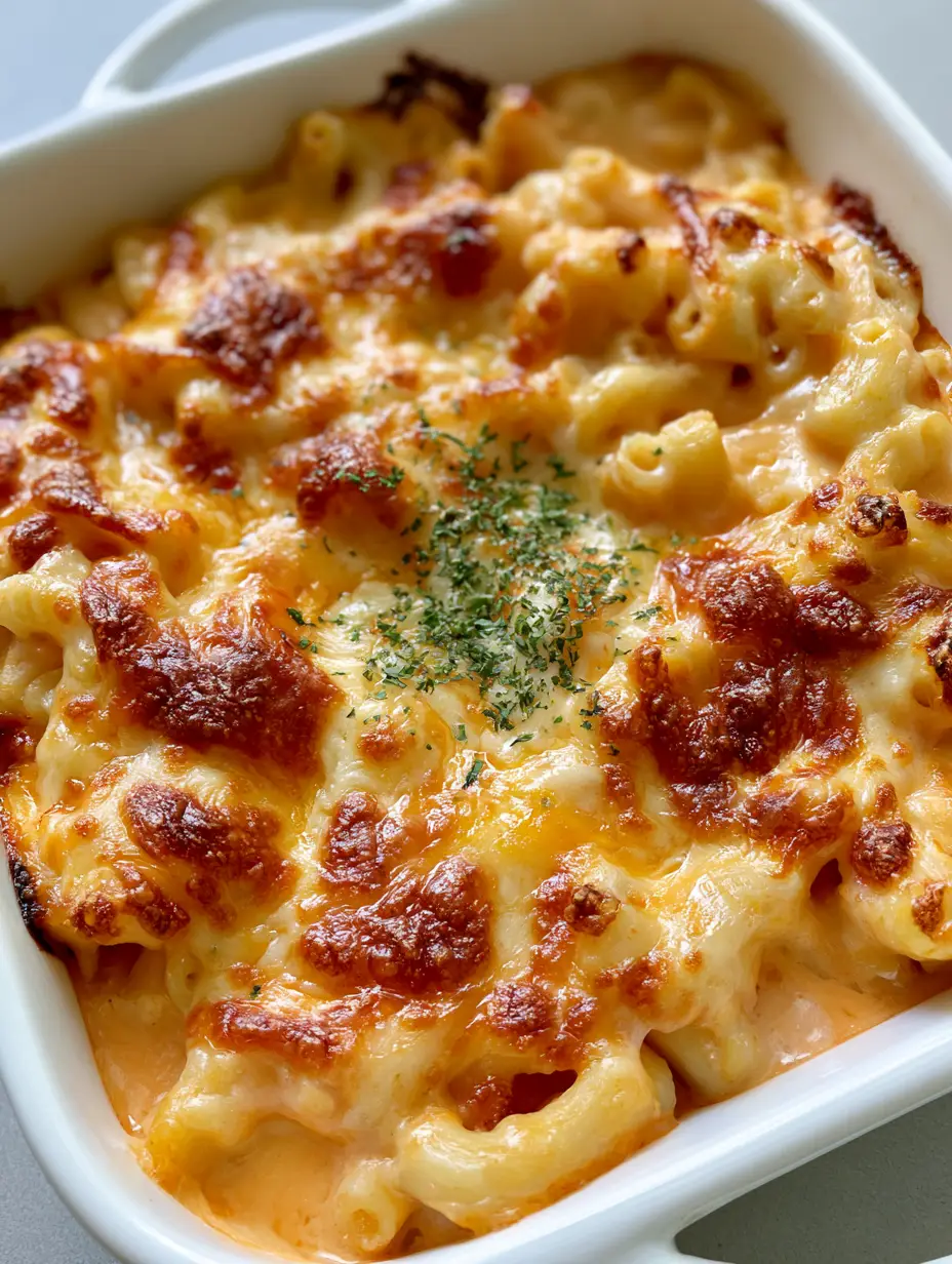 Handheld photo of Baked Macaroni and Cheese with thick orange cheese sauce and golden-brown toasted cheese spots.