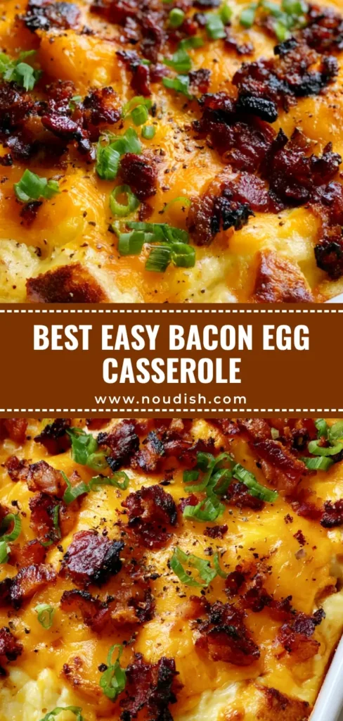 A close-up vertical shot of a Bacon Egg and Cheese Breakfast Casserole with bubbling orange cheddar and charred hickory bacon crumbles in a white dish.