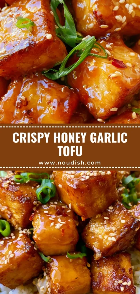 A close-up of a bowl of Honey Garlic Tofu with a thick glossy glaze, sesame seeds, and green scallions over jasmine rice.
