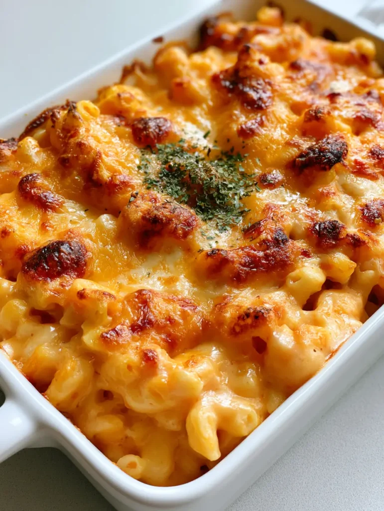 Side view of Baked Macaroni and Cheese in a white ceramic dish featuring crispy charred edges and dried parsley flakes.