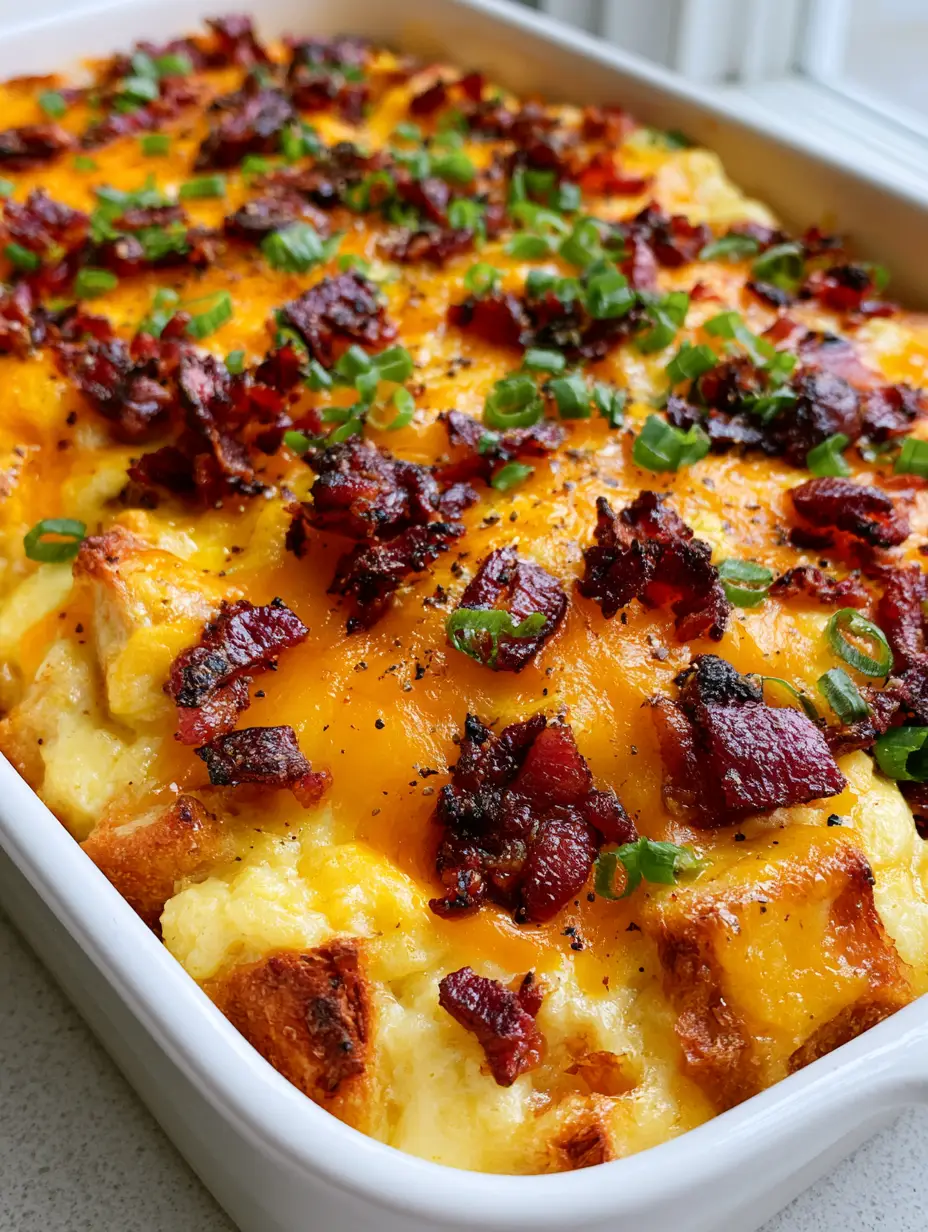 Smartphone photo showing the texture of toasted sourdough bread cubes soaked in egg custard within a white ceramic dish. (Bacon Egg and Cheese Breakfast Casserole)