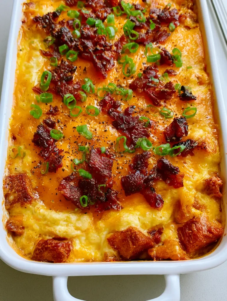 A high-angle photo of the finished Bacon Egg and Cheese Breakfast Casserole topped with green scallions and coarse black pepper.