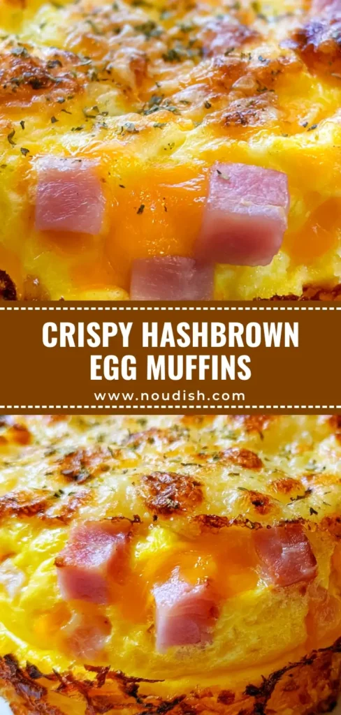 A close up of Ham and Cheese Egg Muffins with a crispy shredded hashbrown crust and toasted cheese topping on a breakfast plate.