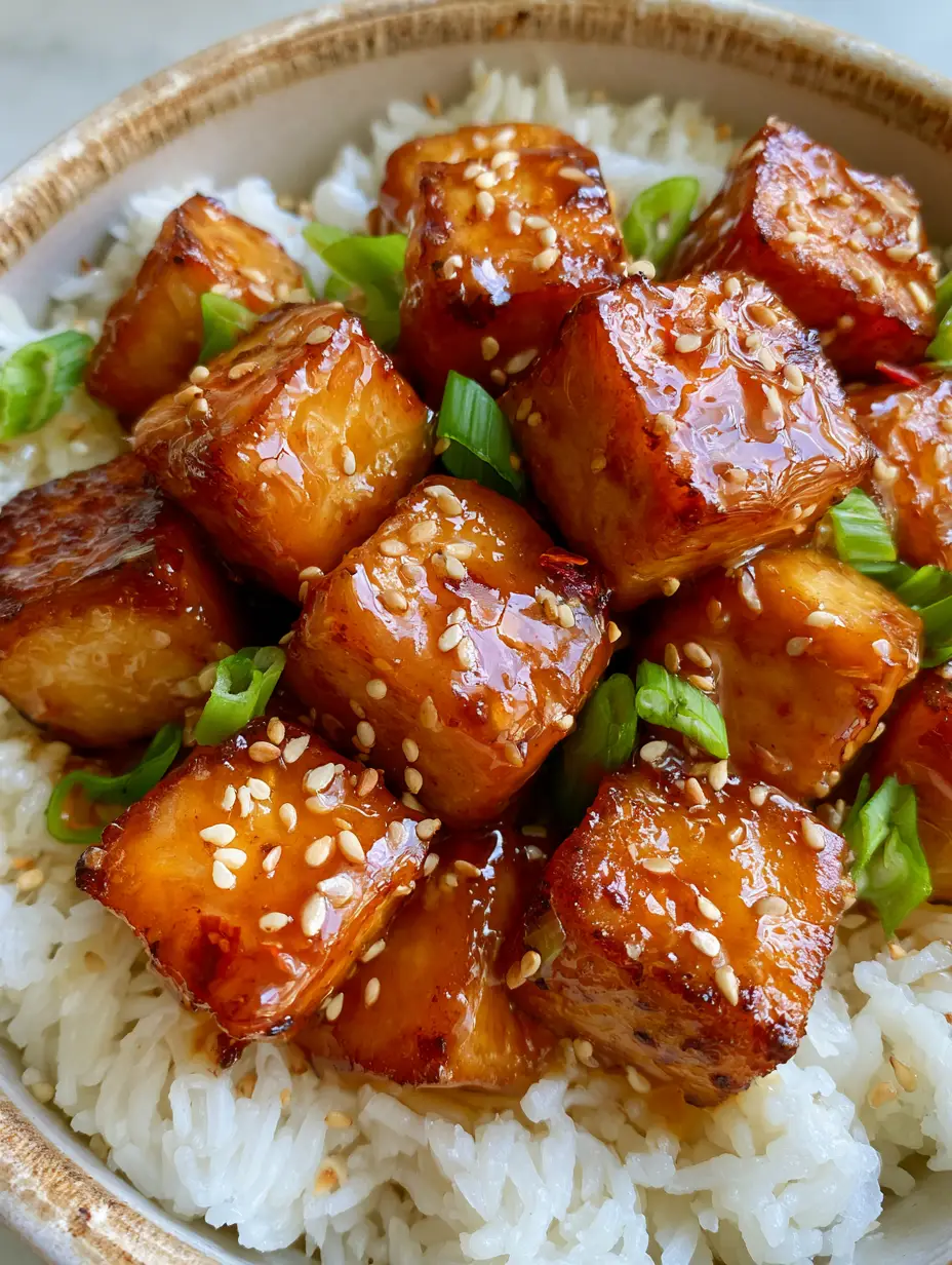 Top-down view of a ceramic bowl filled with golden-brown pan-seared Honey Garlic Tofu cubes and fluffy white jasmine rice.