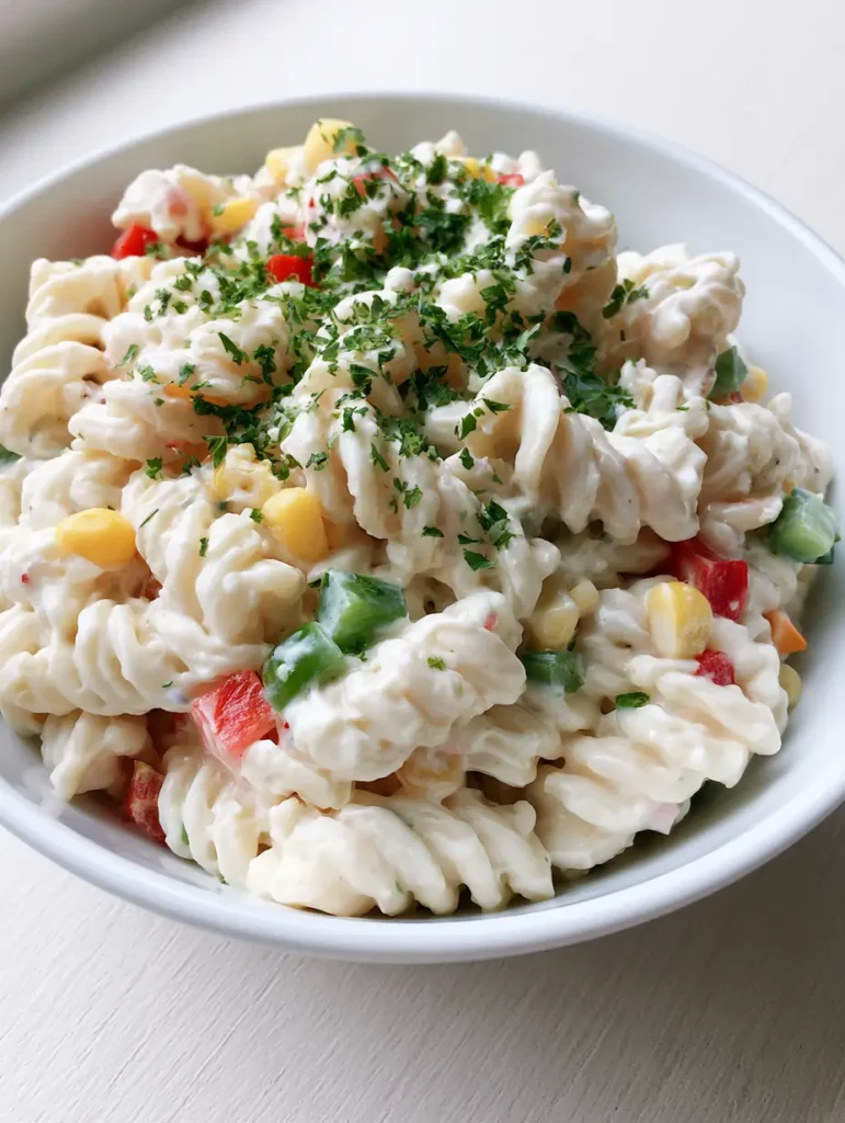 Sour Cream Pasta Salad: The Creamiest Rotini Side Dish for Every Occasion 1 Side view of a white ceramic bowl filled with creamy pasta salad on a light wooden surface.