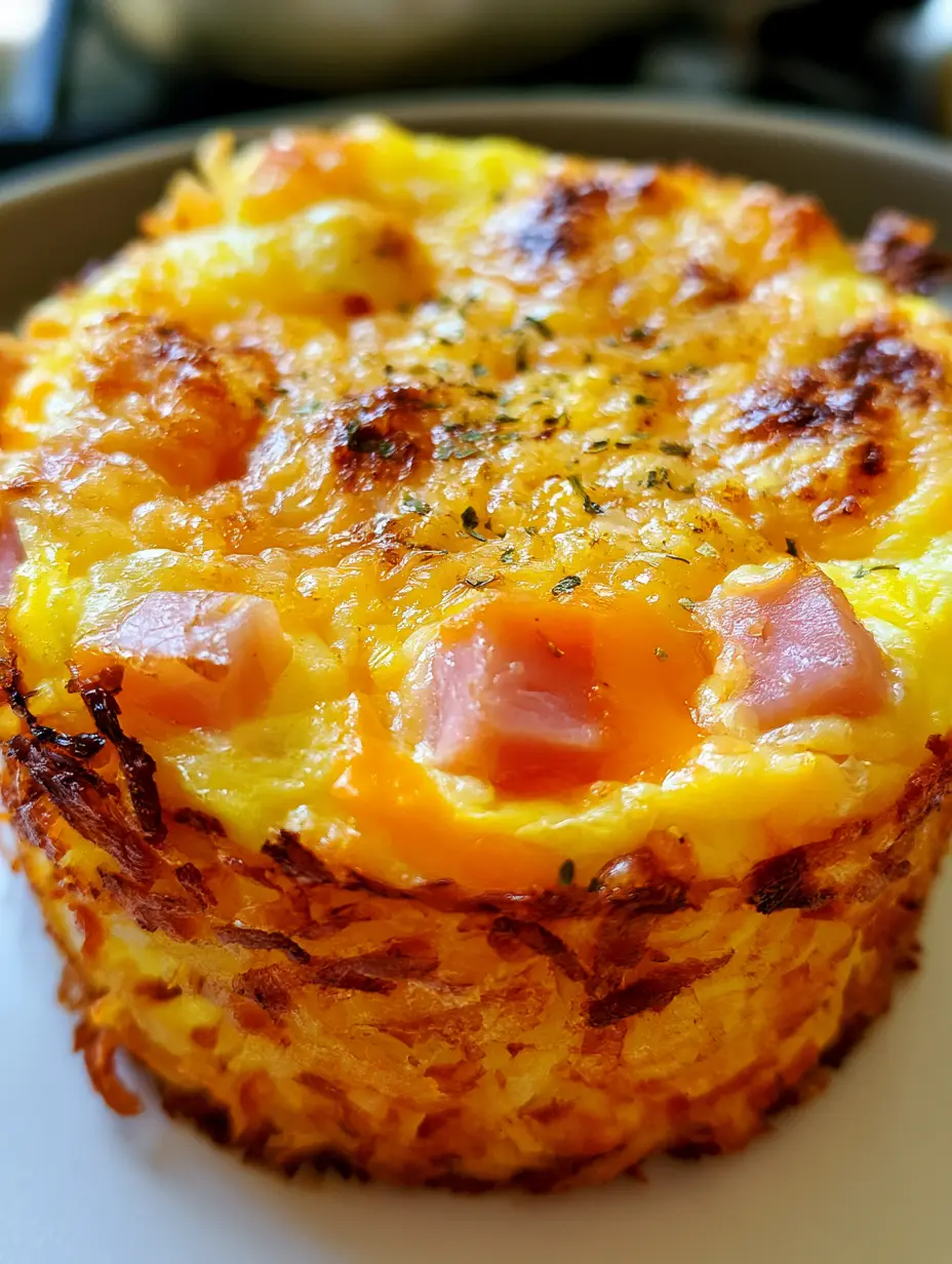 A handheld photo of a Ham and Cheese Egg Muffin showing the golden-brown crispy shredded hashbrown crust and melted cheddar.