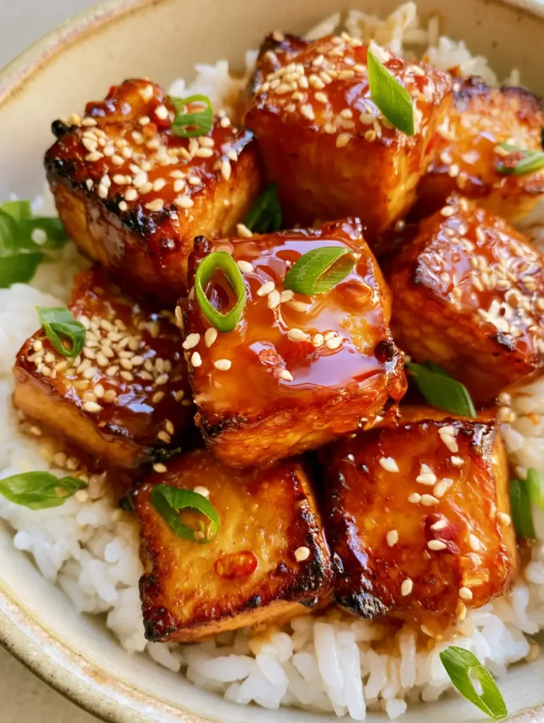 Close-up of translucent amber honey garlic glaze clinging to crispy pan-seared tofu edges.