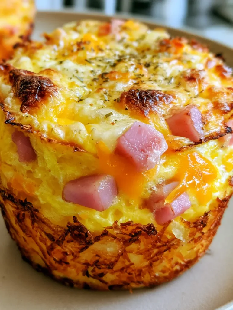 Top view of Ham and Cheese Egg Muffins with toasted cheese topping, charred spots, and dried parsley flakes.