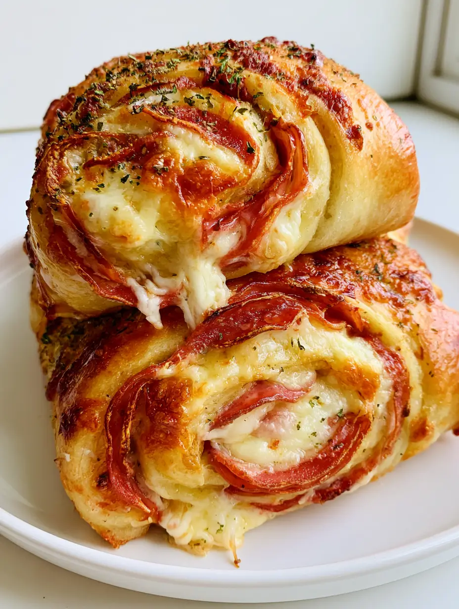 Close up of Pepperoni Pizza Roll Breadsticks showing the soft yeast dough and crisp pepperoni edges.