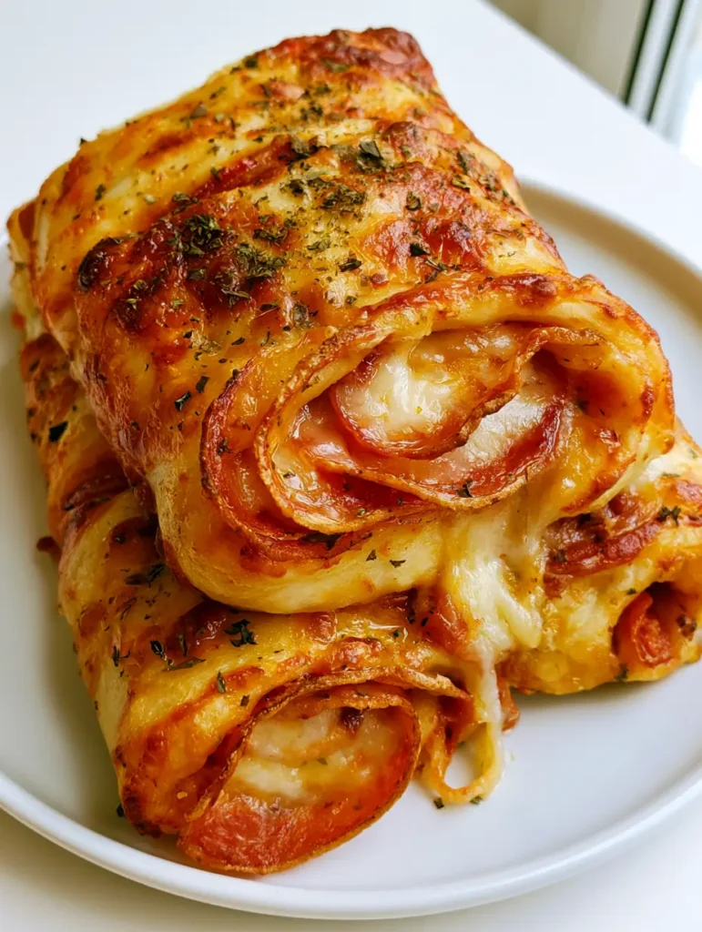 A neatly stacked plate of Pepperoni Pizza Roll Breadsticks with dried herb flakes scattered on top.